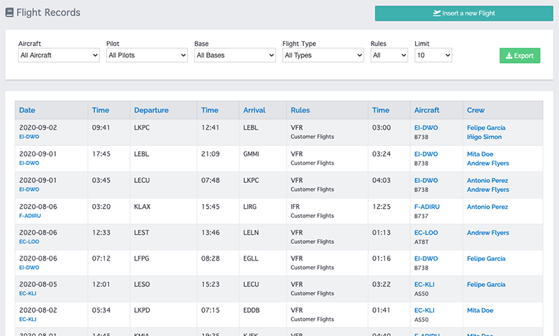 Detailed Flight Log with quick search per pilot, aircraft or type of operation