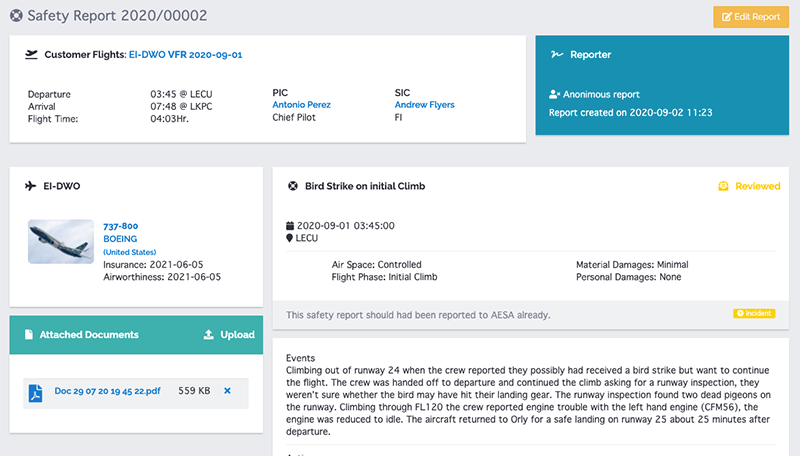 flylogs safety events reporting system SMS