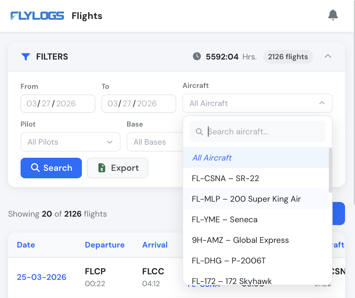 Painel de filtro de registos de voo com seleção de aeronave e data