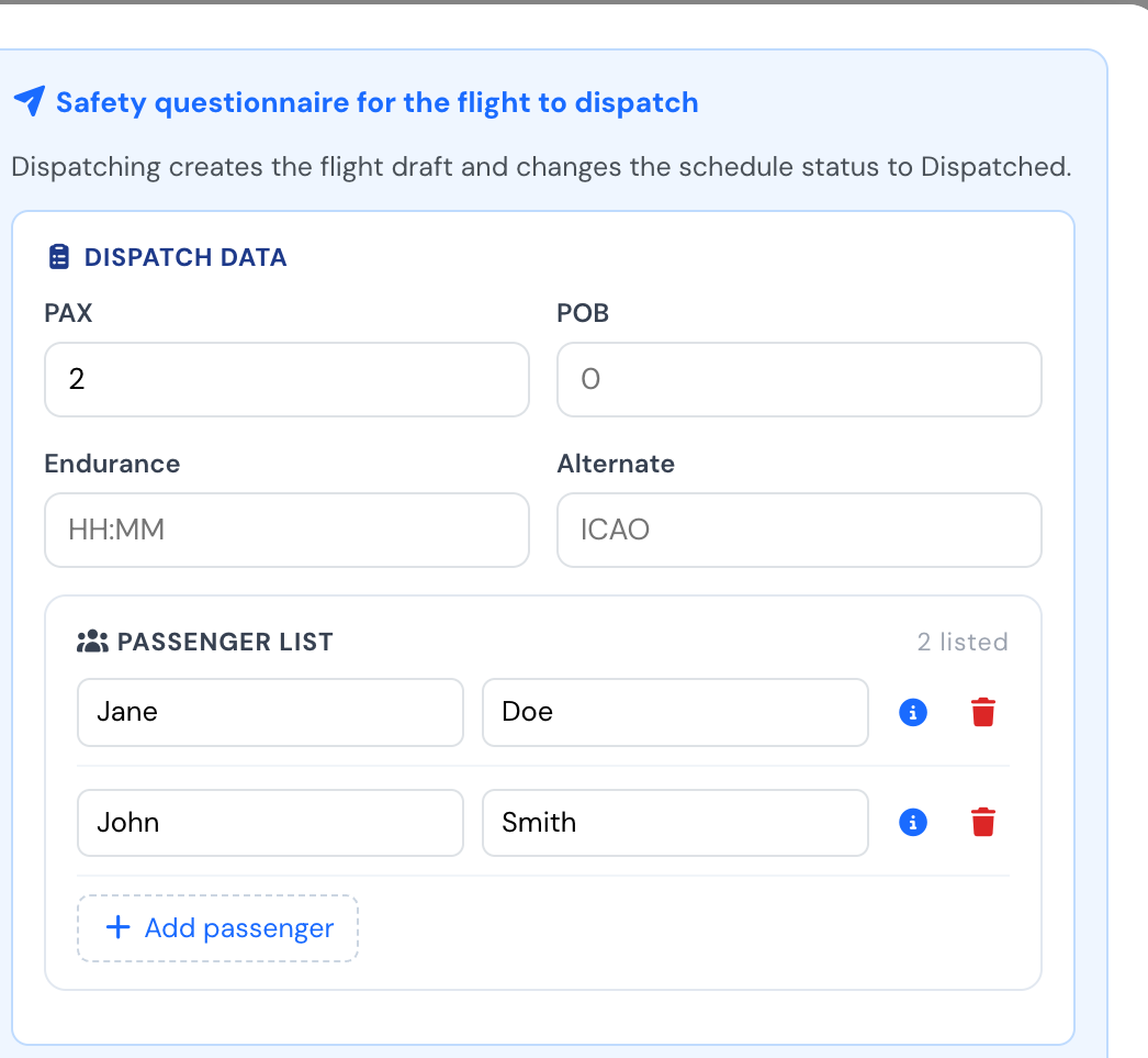 Cuadro de lista de pasajeros mostrado durante el despacho de vuelo
