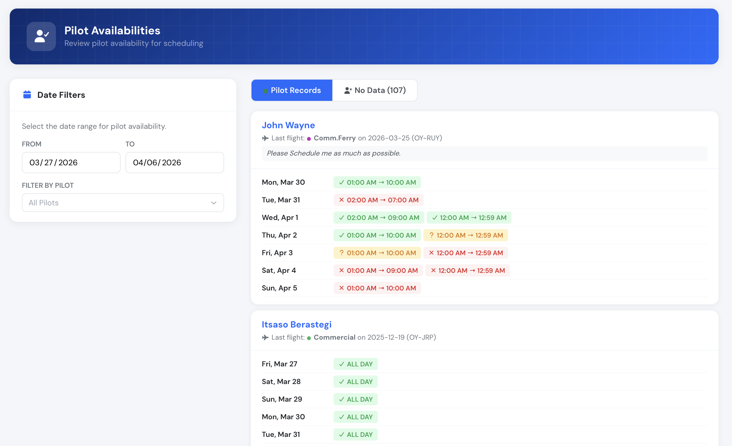 Calendrier complet de planning de vols Flylogs avec vols à code couleur